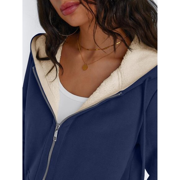 Womens Navy Fleece Lined Zip Up Hoodie Jacket Winter Sweatshirt Fall Coat - Picture 5 of 5